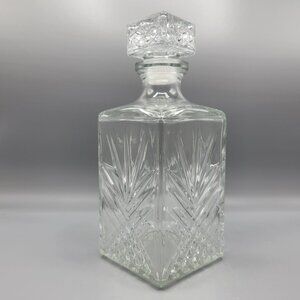 Vintage Clear Glass Whiskey Decanter With Diamond Cut Stopper Lid